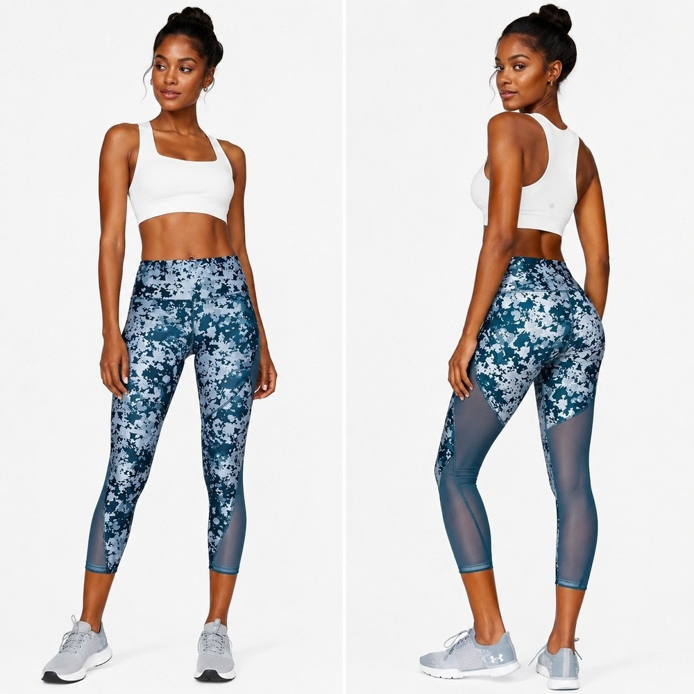 Under Armour HeatGear Camo Mesh Compression Cropped Leggings Blue Silver Size M